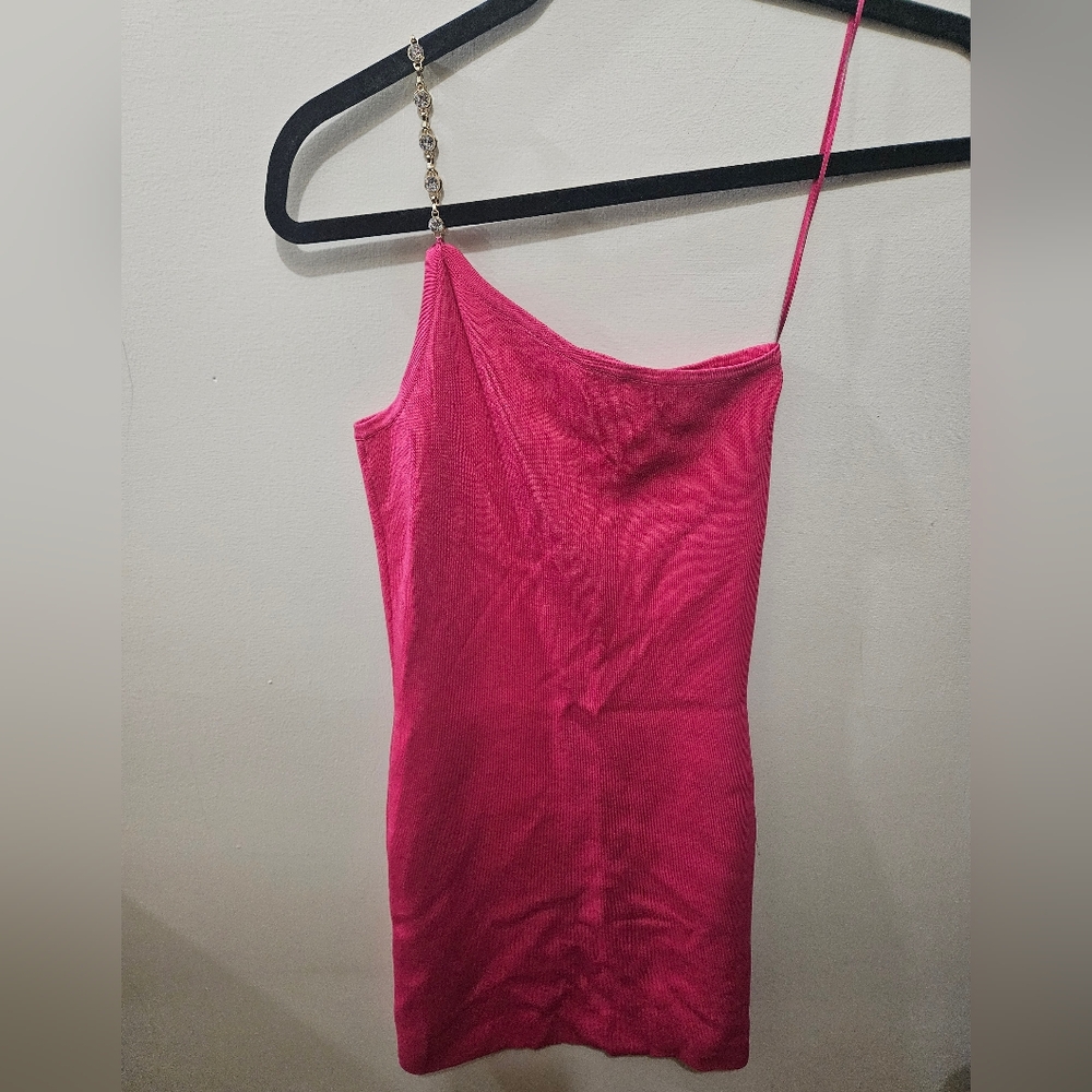 House Of Harlow 1960 Pink Mini Ribbed Dress XS One Shoulder Bodycon Rhinestone
